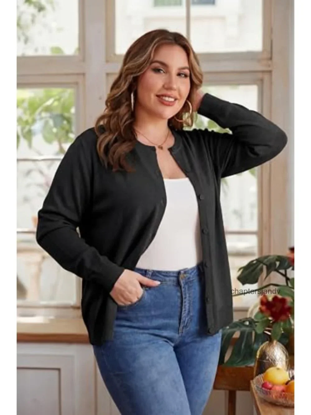 Plus Size Long Sleeve Crewneck Cardigan Lightweight Knit Button Down